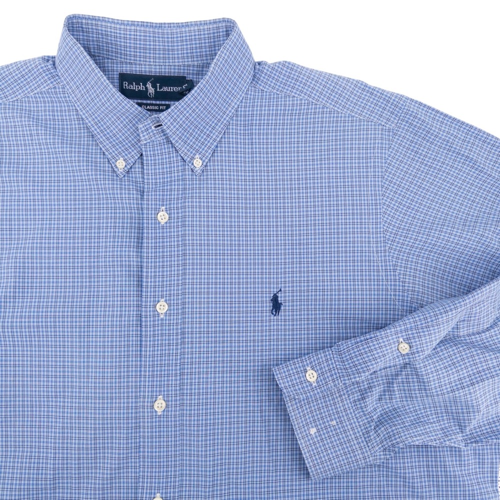 Vintage Polo Ralph Lauren Mens XL Classic Fit Button Down Shirt Blue White Check